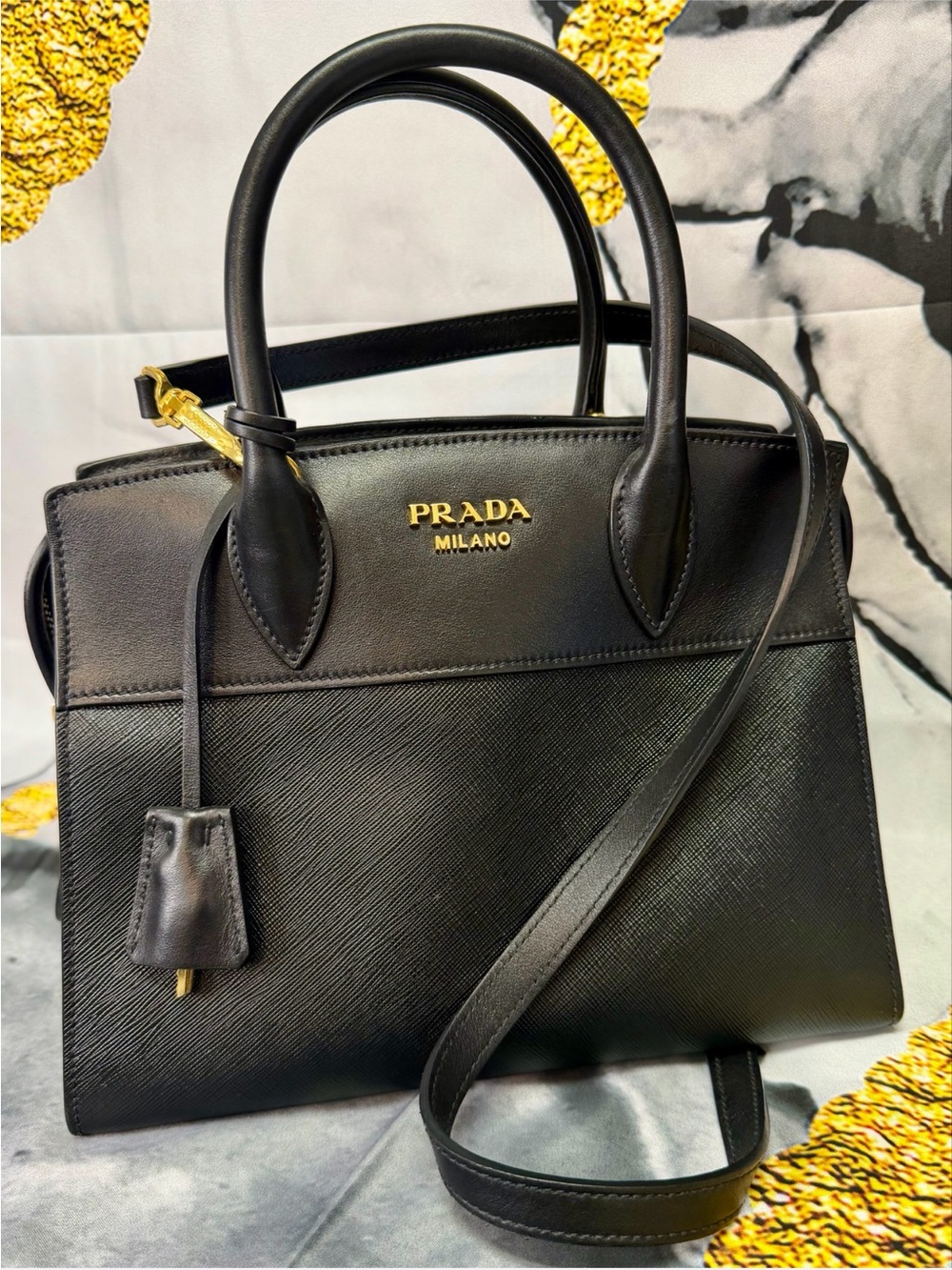 Prada Black Saffiano Leather Satchel with Gold Hardware